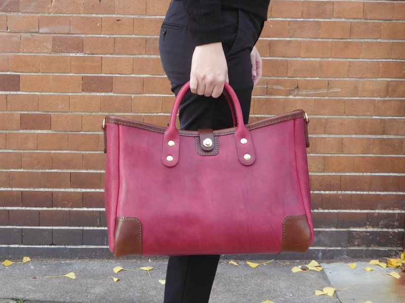 横型2wayトートバッグ(T-146) ミッスーリ革 ワインレッド