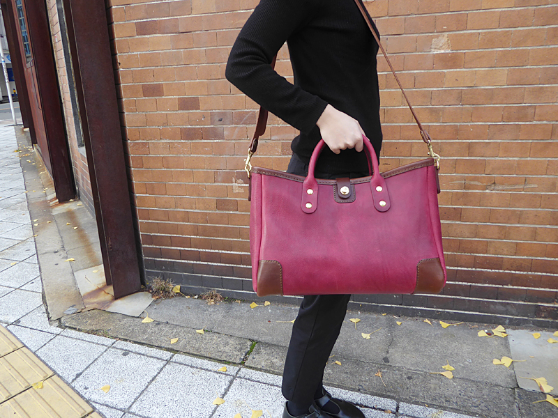 横型2wayトートバッグ(T-146) ミッスーリ革 ワインレッド