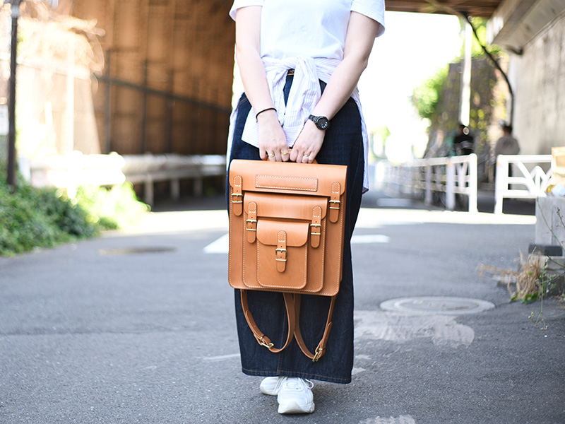 三つのかぶせと五本ベルトのリュック(SND12-04)キャメル手持ち1